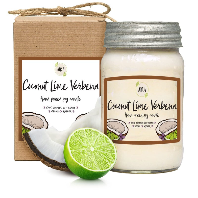 Aira Soy Candles - Organic, Kosher, Vegan, in Mason Jar w/Therapeutic Grade Essential Oil Blends - Hand-Poured 100% Soy Candle Wax - Paraffin Free, Burns 110+ Hours - Coconut Lime Verbena - 16 Ounces - Image 1